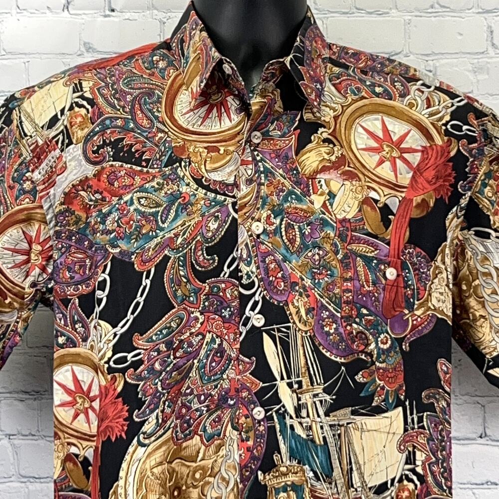 Vintage 90s Pirate Ship Roulette Button Front Shirt Black Burma Bibas S Small
